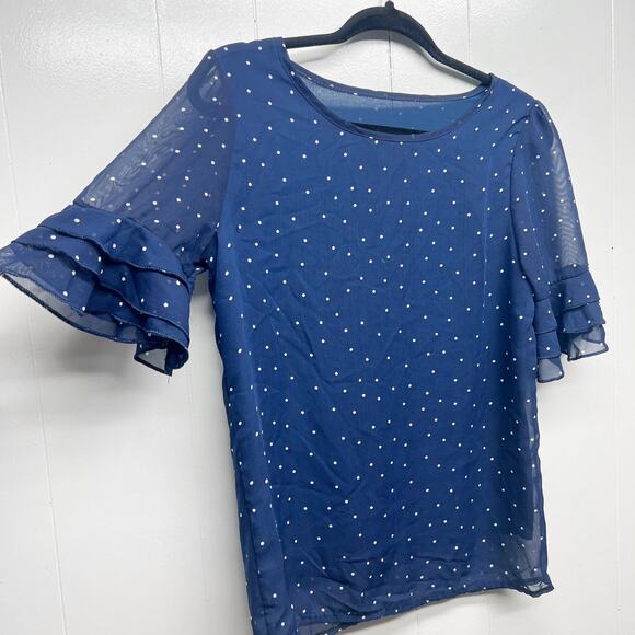 Women's Polka Dot Navy Blue Ruffle Sleeve Women's Top Size Small Lightweight - Picture 5 of 13